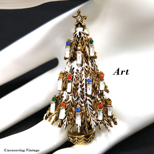 Vintage ART Arthur Pepper Christmas Tree Brooch Enamel Candles 1960s Book Piece