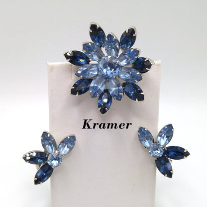 Kramer Blue Rhinestone Brooch Earrings Set, Light Dark Blue, Rhodium Plated, 1960s Vintage Jewelry