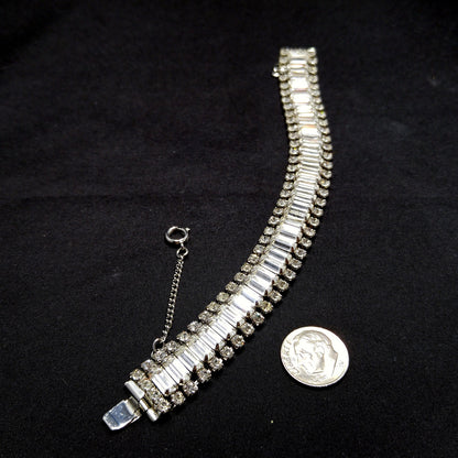 Vintage Weiss Clear Rhinestone Bracelet, Rhodium Plate, Safety Chain, 1950s