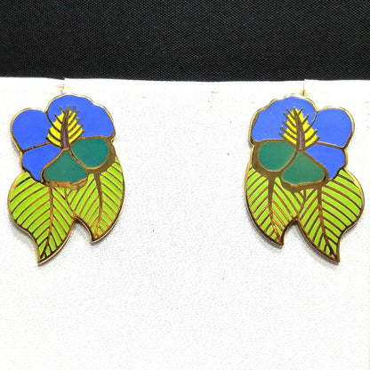 Vintage Laurel Burch Blue Green "Hibiscus" Post Earrings, Gold Plated