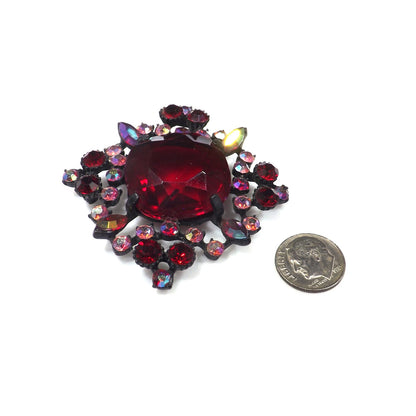 Red Large Rhinestone Aurora Borealis Brooch, Japanned Black Enamel, 1970s Vintage Jewelry