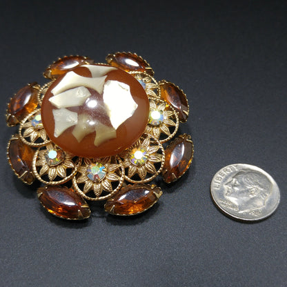 Judy Lee Lucite Flower Brooch, Aurora Borealis Rhinestones, 1960s Vintage Jewelry