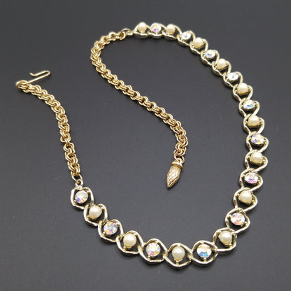 Mid-Century Faux Pearl AB Rhinestone Necklace, Aurora Borealis, 1960s Vintage Jewelry