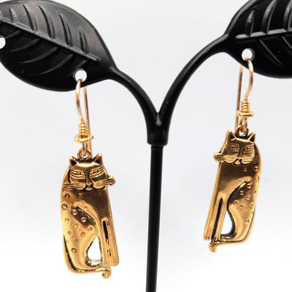 Vintage Laurel Burch Siamese Cat Earrings, Gold Plated