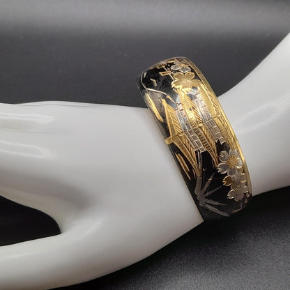 Vintage Japanese Sterling Cuff Bracelet, Mt. Fuji Pagoda Japanese Scene Panorama, 1960s Jewelry
