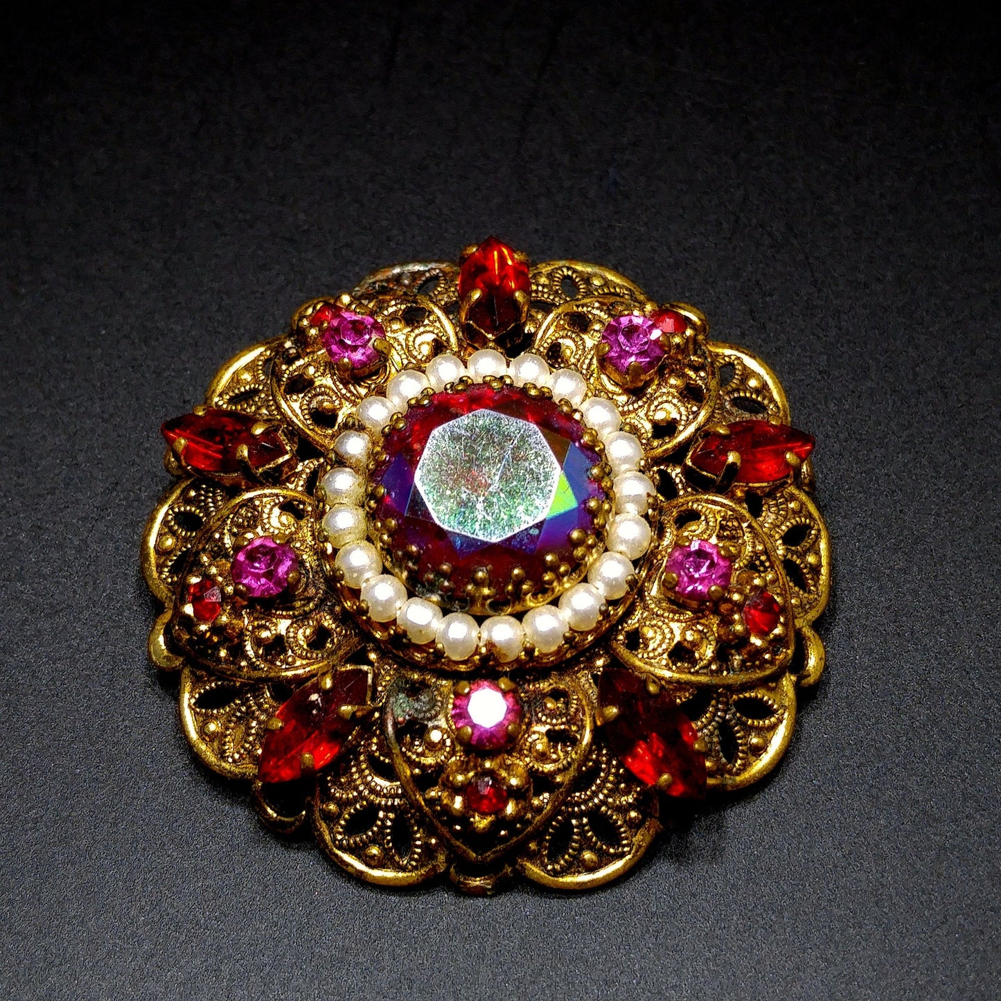 West Germany Red Fire Polished Filigree Brooch, Faux Pearls, 1950s Vintage Jewelry