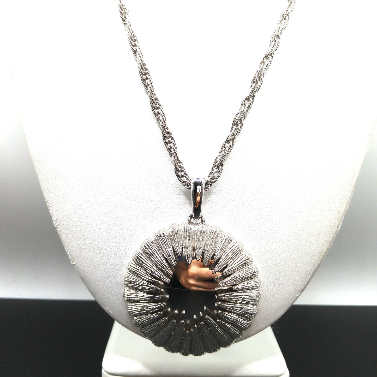 Monet Rhodium Plated Pendant Necklace, Fold Over Clasp, 1960s Vintage Jewelry