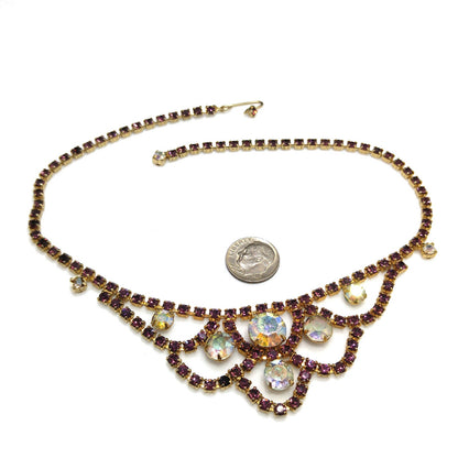 Vintage Purple AB Clear Rhinestone Choker Necklace, Gold Plated, Aurora Borealis, 1960s Vintage Jewelry
