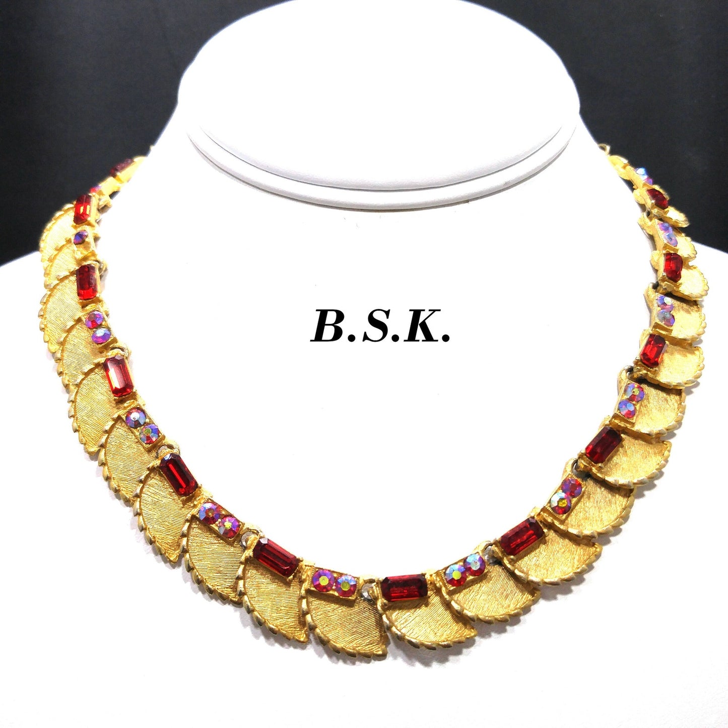 B.S.K. Red Rhinestone Choker Necklace, Aurora Borealis, 1960s Vintage Jewelry