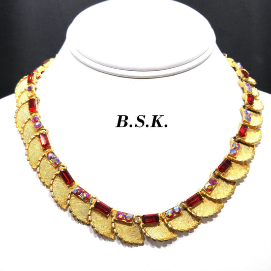 B.S.K. Red Rhinestone Choker Necklace, Aurora Borealis, 1960s Vintage Jewelry