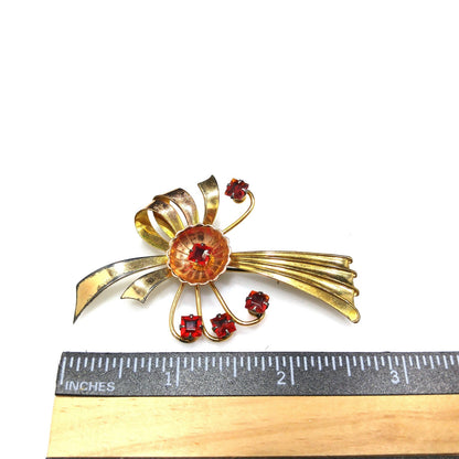 Gold Filled Bow Flower Brooch, Red Rhinestones, 1940s Vintage Jewelry