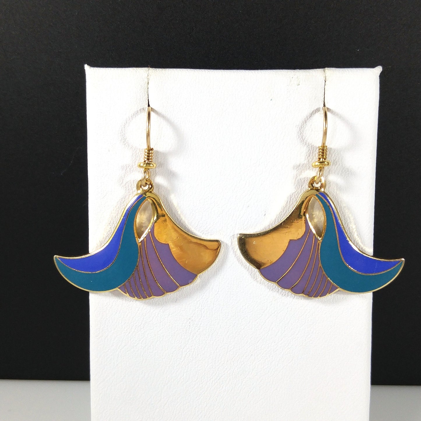 Laurel Burch "Egyptian Flower" Dangle Earrings, Gold Plated Cloisonne, Enamel Teal Purple, 1980s Vintage Jewelry
