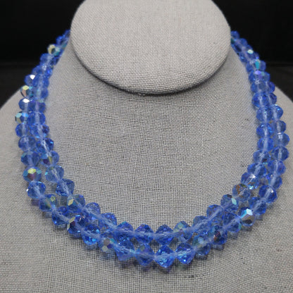 Vintage 1950s Aurora Borealis Blue Crystal Beaded Two-Strand Choker Necklace – Rhinestone Clasp