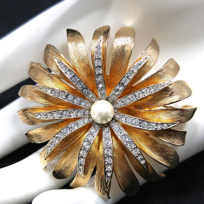 Kramer Floral Rhinestone Brooch & Earrings, Gold Plated, Faux Pearls, 1960s Vintage Jewelry