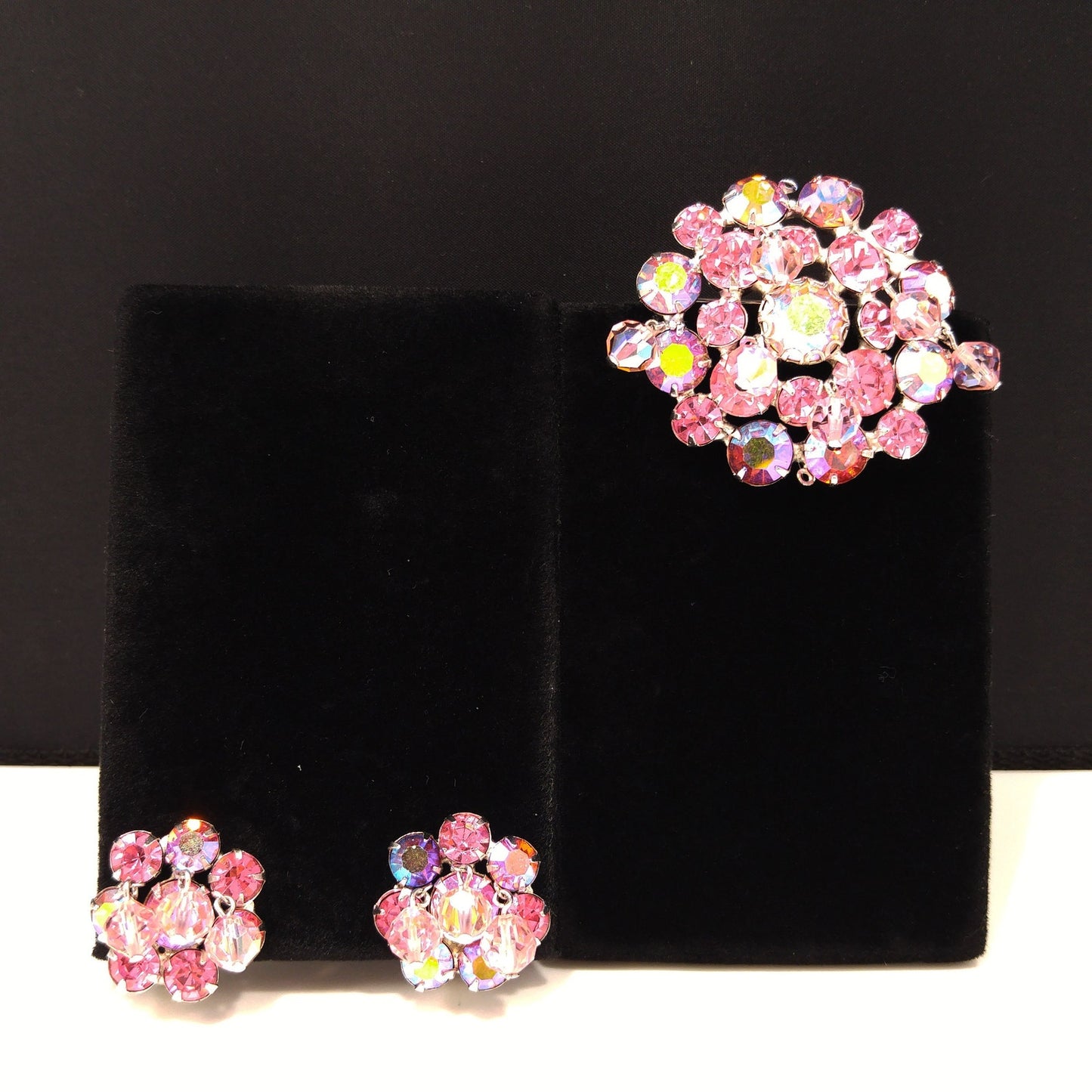 Weiss 1960s Pink Aurora Borealis Brooch & Clip Earrings Set | Dangling Crystal Beads | Vintage Mid-Century Jewelry