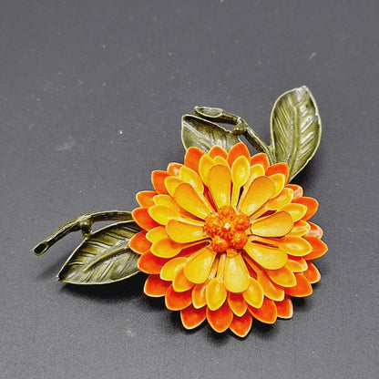 Vintage 1960s Orange Green Enamel Flower Brooch