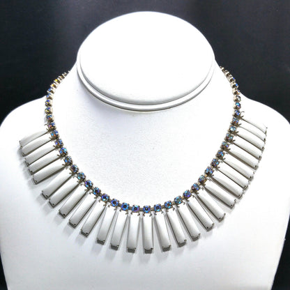 White Lucite Blue Aurora Borealis Rhinestones Necklace, Egyptian Revival Mid-Century, 1960s Vintage Jewelry