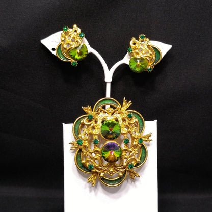 Watermelon Rivoli Rhinestone Brooch & Earrings, Gold Plated, 1960s Vintage Jewelry