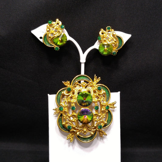 Watermelon Rivoli Rhinestone Brooch & Earrings, Gold Plated, 1960s Vintage Jewelry
