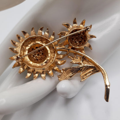 Hollycraft Gold Plated Floral Brooch, Turquoise Rhinestones, 1960s Vintage Jewelry