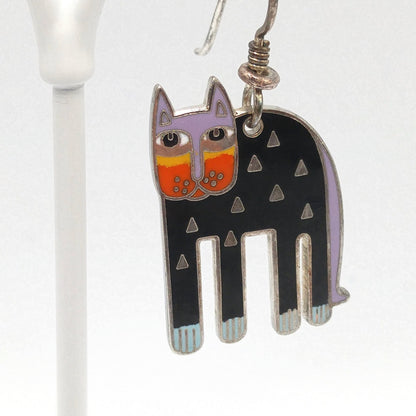 Laurel Burch "Alexander's Animal" Cat Earrings, Rhodium Plated Enamel, 1980s Vintage Jewelry