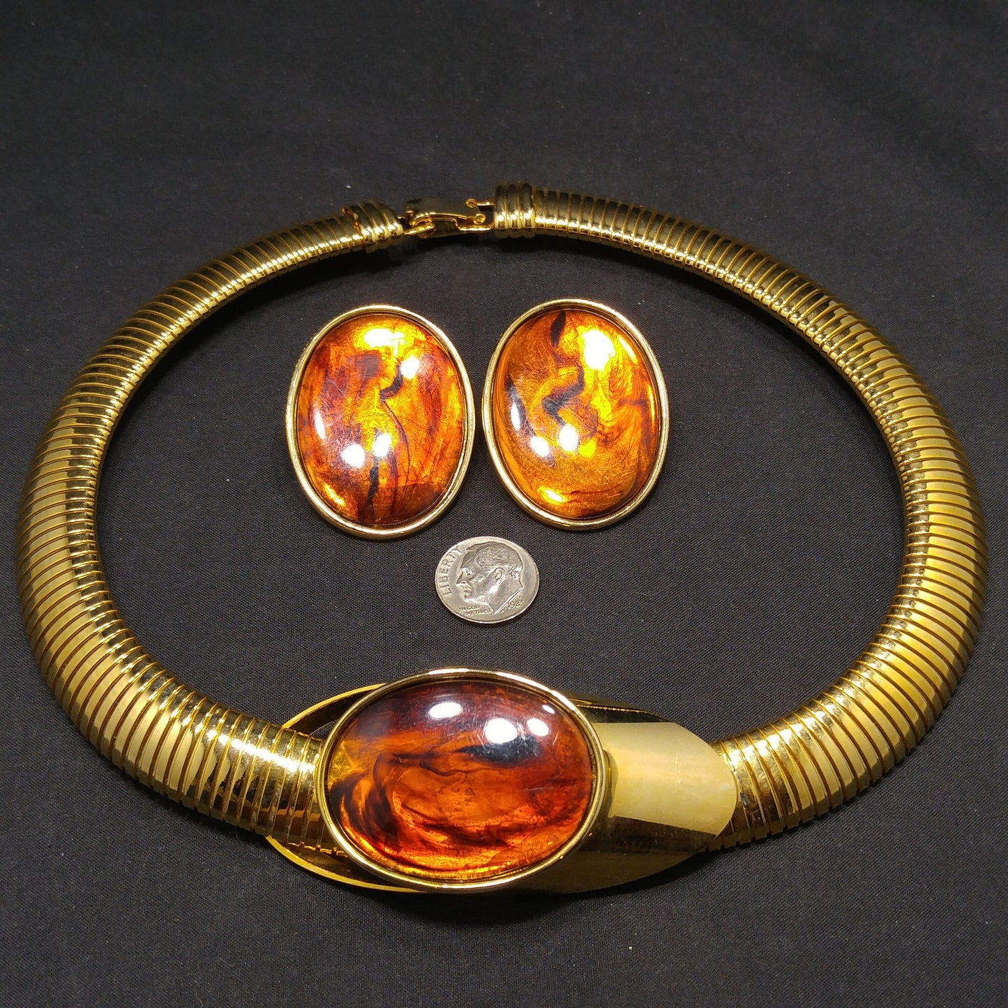 Topaz Lucite Omega Necklace Post Earrings, Faux Tortoise, 1980s Vintage Jewelry