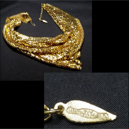 Whiting & Davis Gold Mesh Necklace, Disco Gold Plated, 1970s Vintage Necklace
