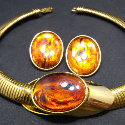 Topaz Lucite Omega Necklace Post Earrings, Faux Tortoise, 1980s Vintage Jewelry