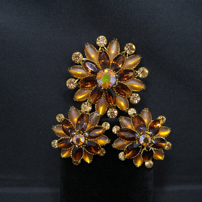 Judy Lee Topaz Rhinestone Brooch & Earrings Set, Gold Plated, Aurora Borealis, 1960s