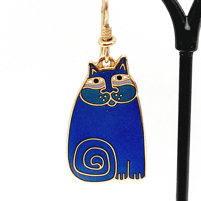 Vintage Laurel Burch Olivia Blue Cat Earrings Gold Plated