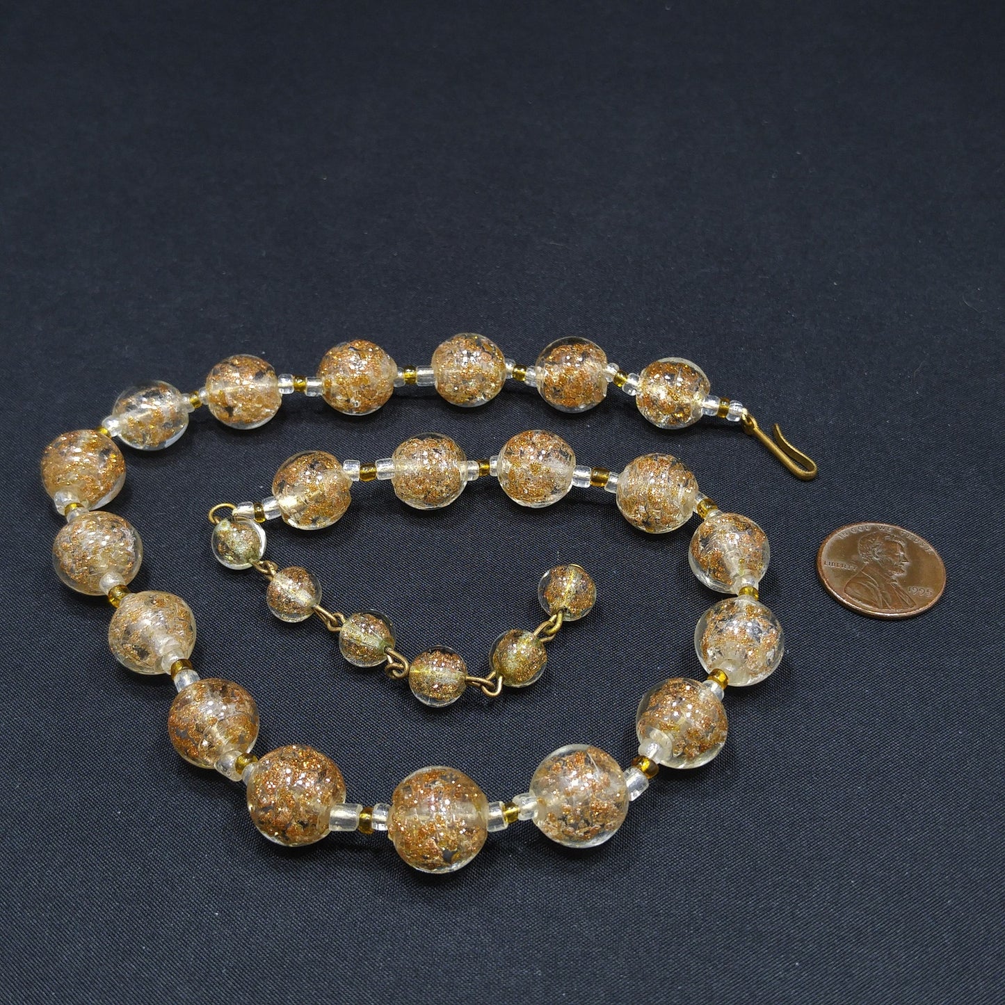 Venetian Glass Beaded Necklace, Copper Aventurine Italian Beads