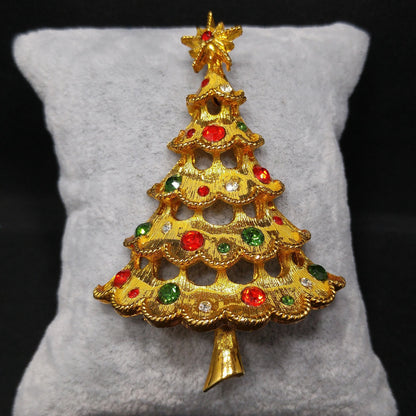 Mylu Christmas Tree Brooch, Red Green Rhinestones, Gold Tone, 1960s Vintage