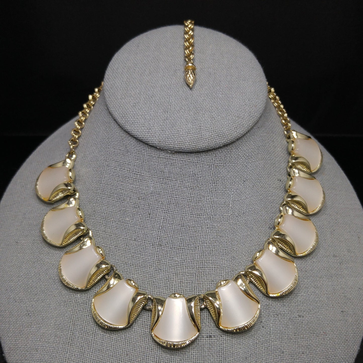 Mid-Century White Moonglow Choker Necklace, Gold Tone, 1950s Vintage Jewelry