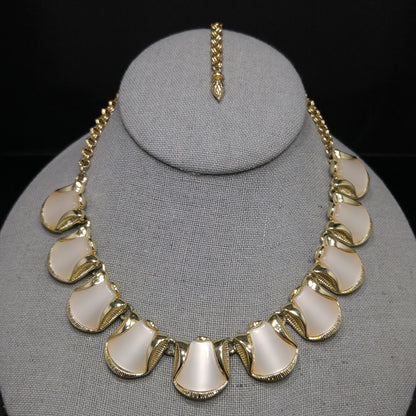 Mid-Century White Moonglow Choker Necklace, Gold Tone, 1950s Vintage Jewelry
