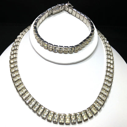 Art Deco Clear Rhinestone Choker Necklace Bracelet Set, Wedding Bridal, 1950s Vintage Jewelry