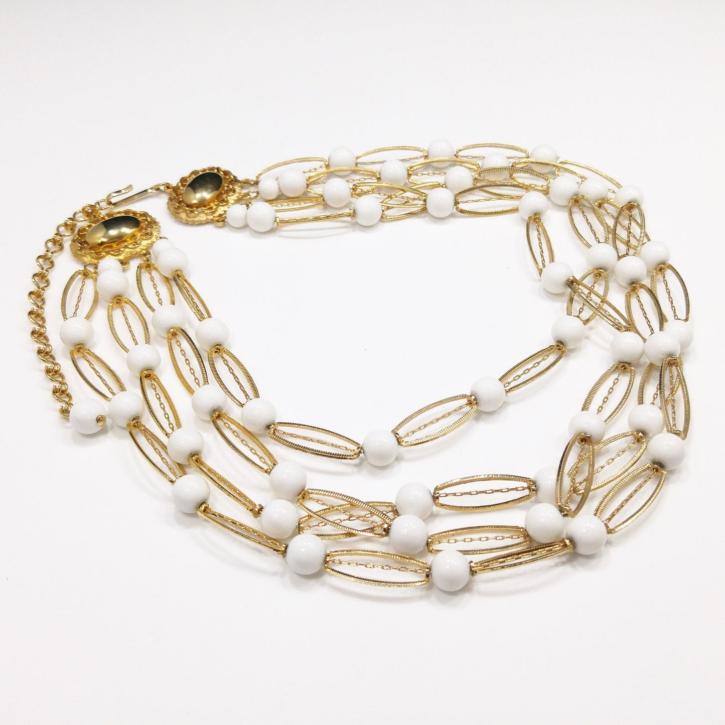 Kramer White Lucite 4 Strand Necklace, Gold tone, 1950s Vintage Jewelry