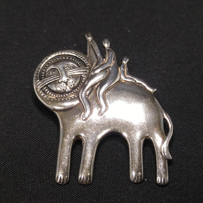 Vintage Laurel Burch Family Large Cat Pendant Brooch, Silver Tone Gold Plated