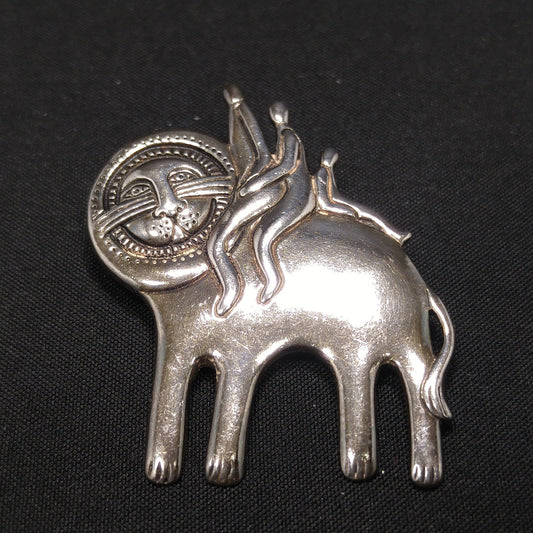 Vintage Laurel Burch Family Large Cat Pendant Brooch, Silver Tone Gold Plated