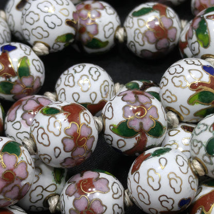 Vintage Cloisonne Beaded Necklace, Hand Knotted, Hand Painted Floral Beads, 1960s Vintage Jewelry