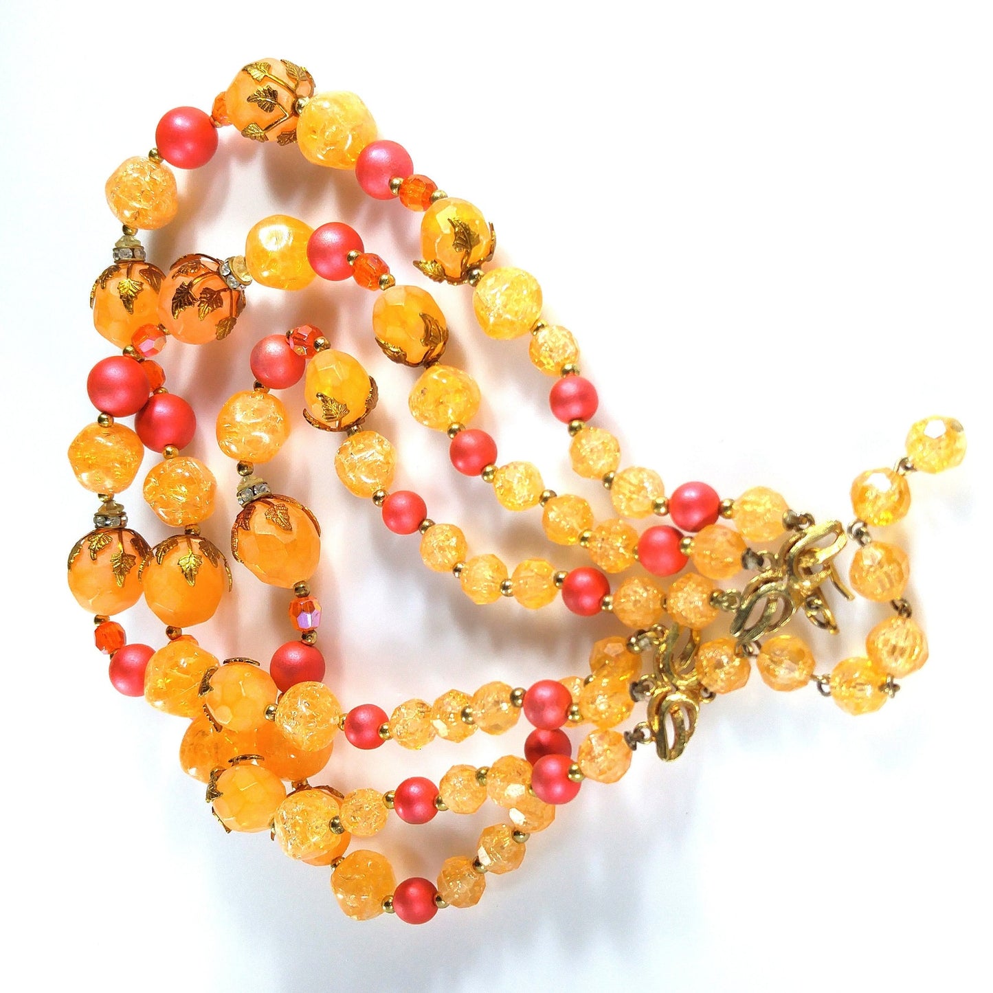 Deauville Lucite Beaded Necklace, 1950s Orange Red 3 Strand Vintage