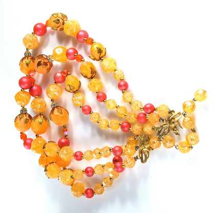 Deauville Lucite Beaded Necklace, 1950s Orange Red 3 Strand Vintage