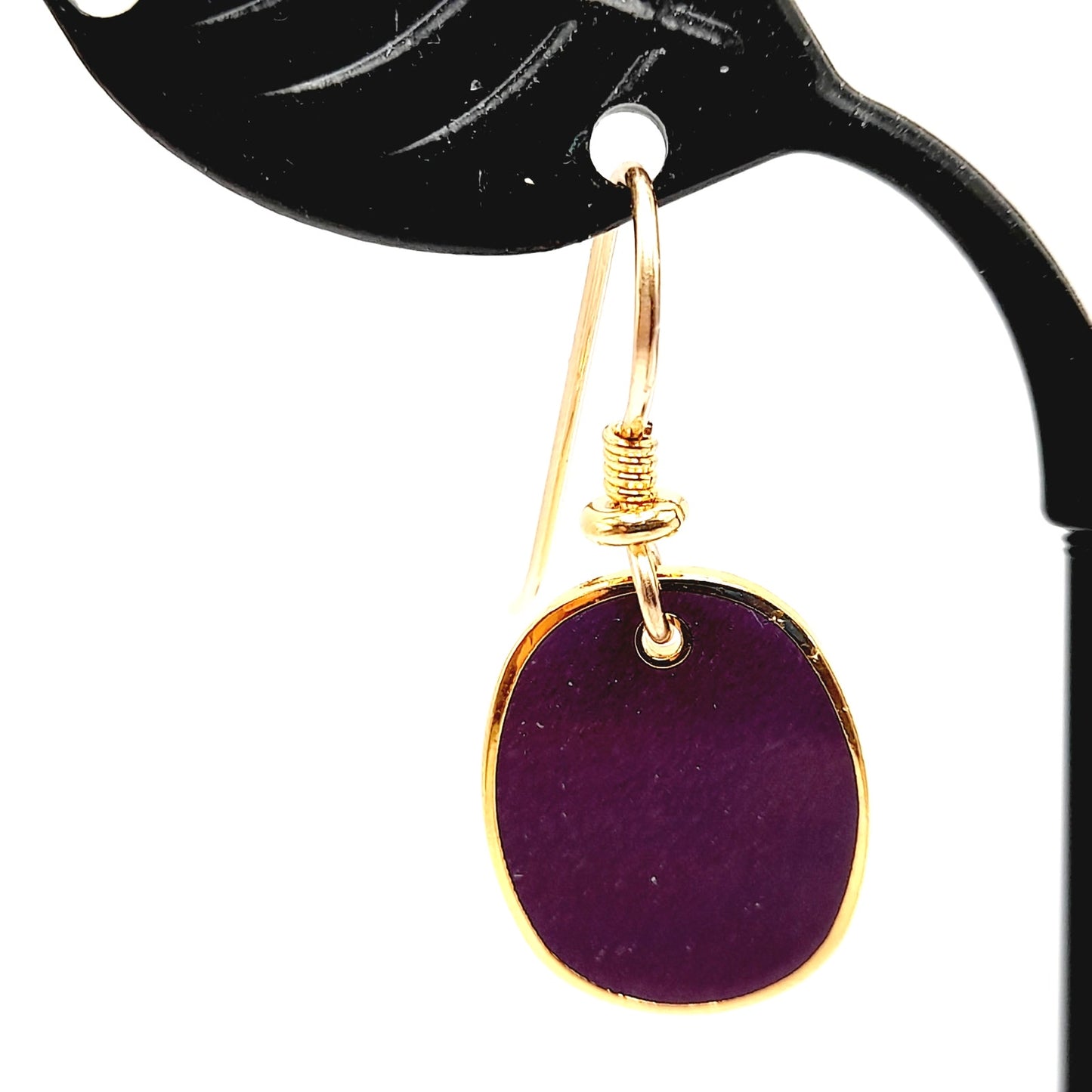 Laurel Burch Purple Enamel Earrings, Vintage Gold Plated Drop Earrings, 1980s Artistic Designer Jewelry