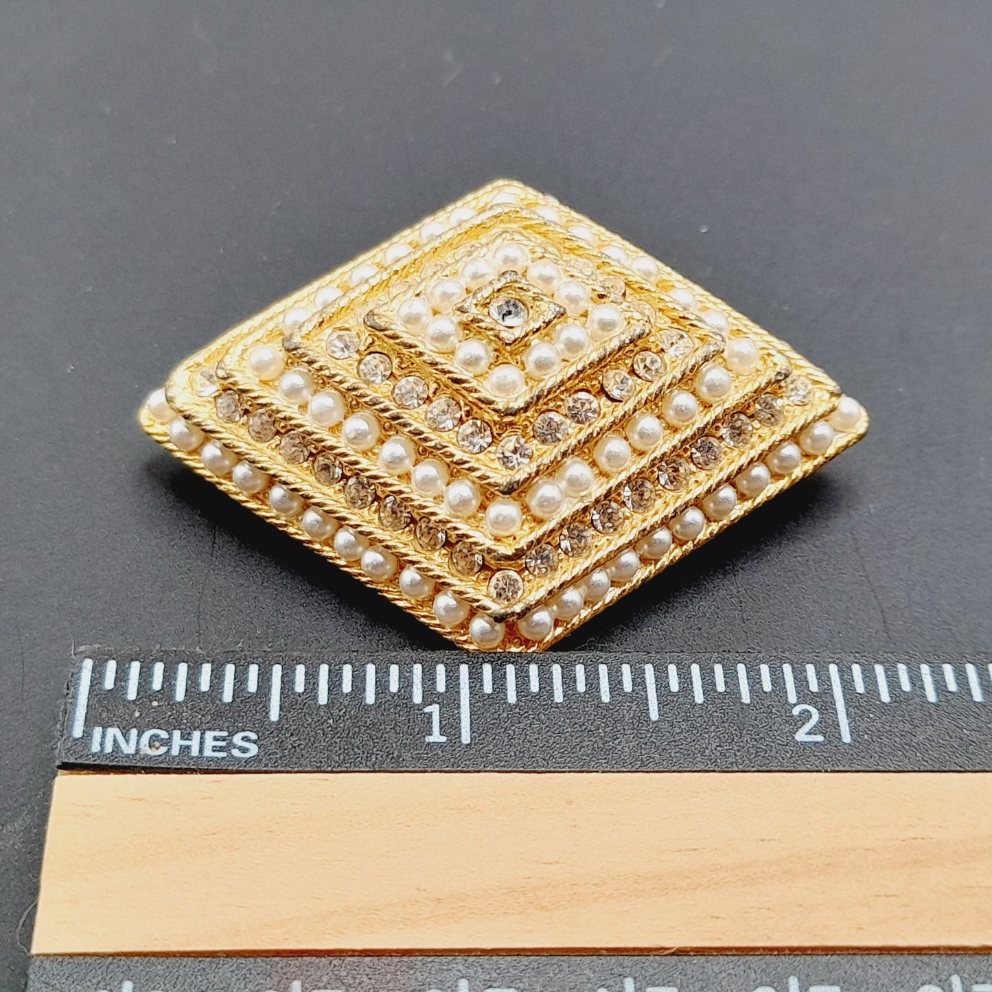 Vintage Rhinestone Faux Pearl Diamond Shaped Brooch Gold Tone Pin - 2 1/4 Inches