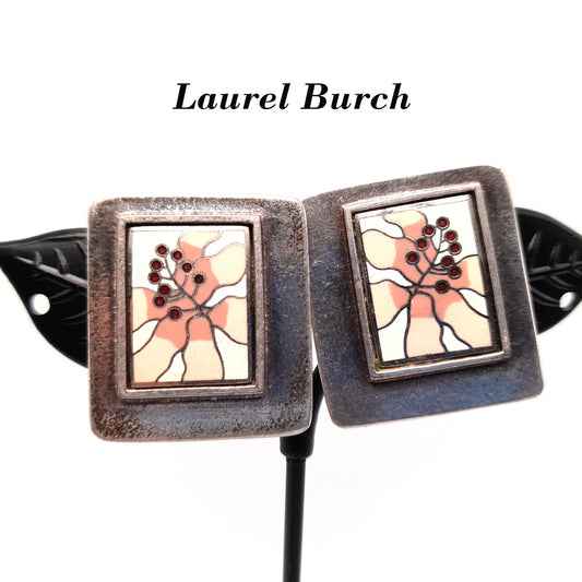 Laurel Burch Pink Flower Clip Earrings, Silver Plate, Cloisonne Enamel, 1980s Vintage Jewelry