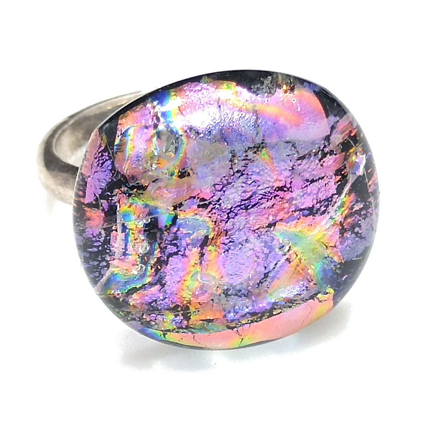Sterling Silver Dichroic Glass Ring – Adjustable Size 8 – 1960s Vintage Jewelry