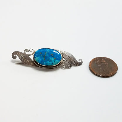Sterling Silver Turquoise Gemstone Brooch, Bevel Set Stone, Artisan 1960s