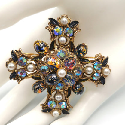 Vintage Maltese Cross Brooch, Foil Cabs, Faux Pearls AB Rhinestones, Vintage Jewelry