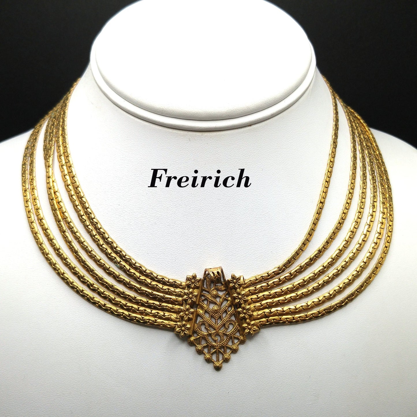 Freirich Victorian Choker Necklace, Gold Plated, Six Strands, 1960s Vintage Jewelry