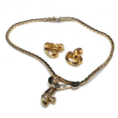Mazer Rhinestone Choker Necklace & Earrings, Gold Plated, 1940s Vintage Jewelry