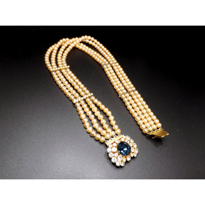 Blue Rhinestone Faux Pearl Collar Necklace, Three Strands, 14 Inches, 1950 Vintage Jewelry